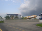 Shuttle, fuel tank and rocket engine visible from outside